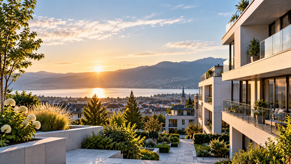 Moderne Wohnliegenschaft mit begrünter Terrasse im Abendlicht über dem Zürichsee